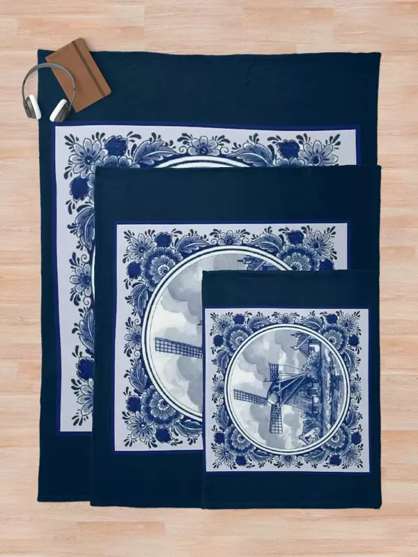 DUTCH BLUE DELFT : Vintage Windmills and Trees in Amsterdam Print Throw Blanket Soft Beds Flannels Luxury Brand Blankets