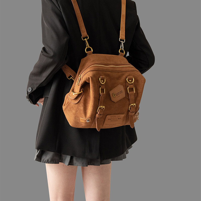 New European and American Women's One Shoulder Bag Retro Frosted Leather Label Brown One Shoulder Bag Creative Casual Simple Bac