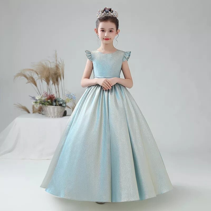 Muslimgirls Birthday Party Gown 2024 Princess Pageant Ball Gown Glitter Satin Flower Girl Dress Junior damigella d'onore