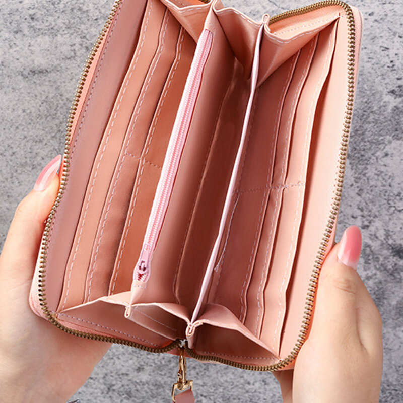 여성용 트렌디한 캔디 컬러 긴 패치워크 지갑, 더블 지퍼 지갑, 휴대폰 가방 클러치 지갑, 손목 포함