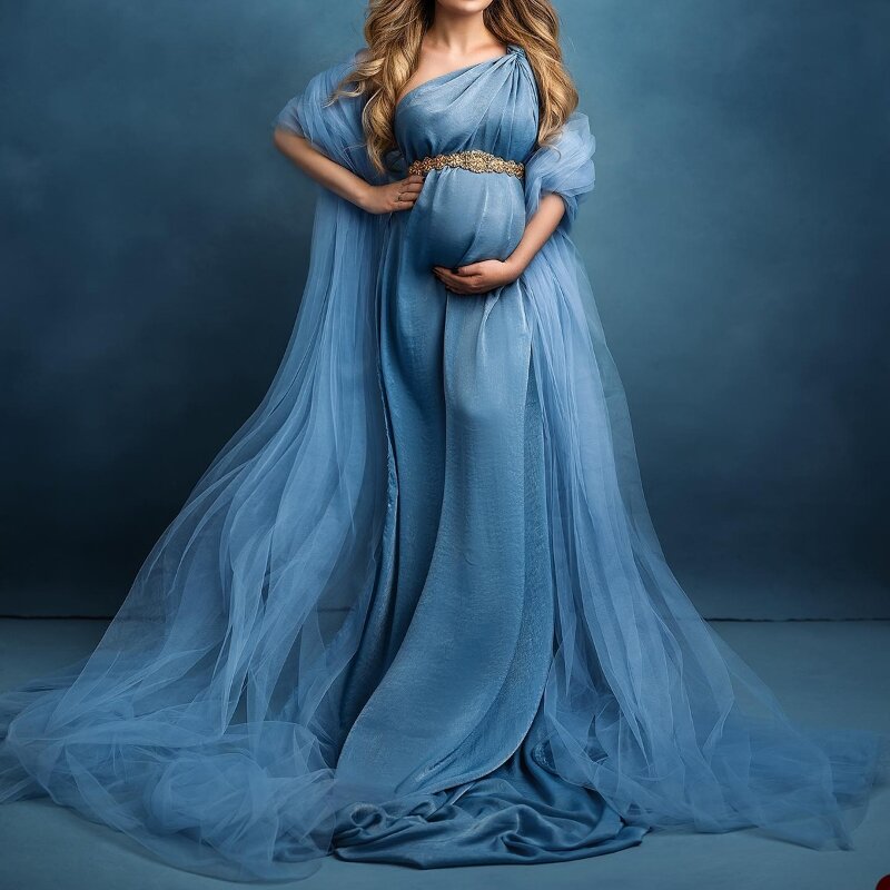 Vestido de maternidad de un hombro para fotografía, bata de encaje para embarazadas, ropa de dormir Sexy, albornoz a medida, esponjoso, vestidos de fiesta escalonados