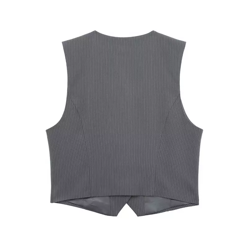 Vrouwen 2024 Nieuwe Mode Slank Cropped V-Hals Gestreept Pak Vest Vintage Mouwloze Knoop-Up Dames Vest Chique Tops