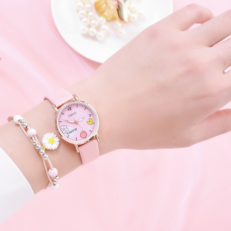 Kids Watches Pink Cute Children's Wristwatch Cartoon Pattern Quartz Watch Set for Girls Fashion Students' Clock Relogio Feminino