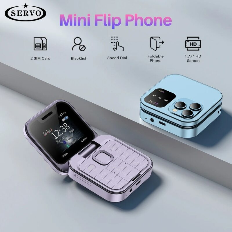 SERVO I16 Pro MIni Fold Telefon komórkowy 2G GSM Podwójna karta SIM Prędkość Wybieranie Odtwarzacz wideo Magiczny głos 3,5 mm Jack FM Mały klapkowy telefon komórkowy