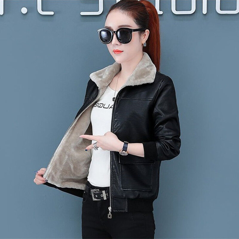 Add Velvet Thickened PU Leather Motorcycle Jacket Women's Autumn Winter Coat 2024 New Korean Style Short Casual Female Outerwear