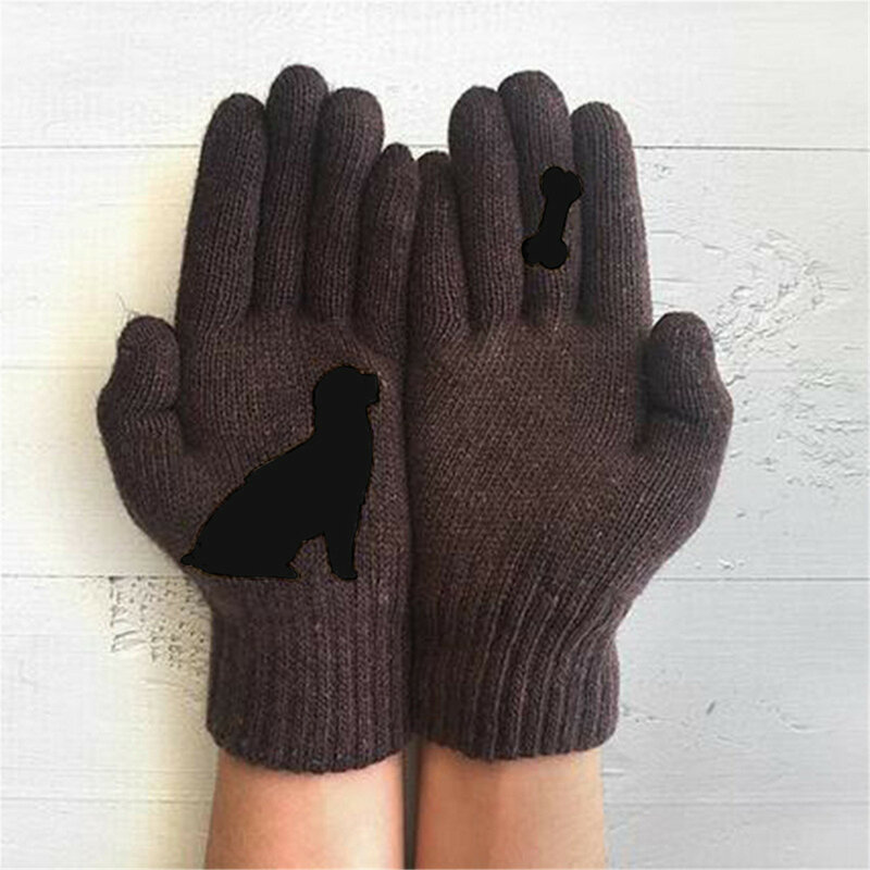 1 пара Зимние перчатки для мужчин женщин подростковые Симпатичные щенки с принтом кости теплые трикотажные перчатки, ветрозащитные зимние теплые мягкие