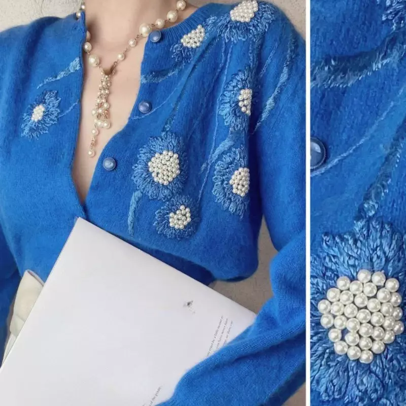 Gaya Korea musim semi musim gugur wanita bordir manik-manik biru Sweater rajutan, mode kardigan mutiara Sweater rajut