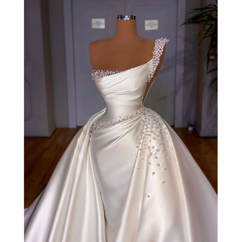 Pearls Bride Dress Sleeveless Beading Detachable Tail Mermaid Gowns Elegant Court Train Wedding Dress