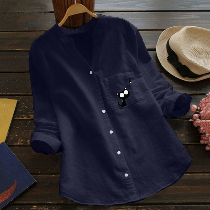 女性用キャットプリントポケットコットンリネンブラウス、Vネックカジュアルシャツ、長袖シャツ、ボタンダウン服、2021