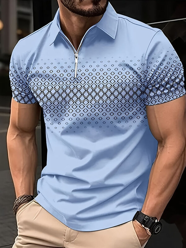 Baju golf pria, kaus golf mode 3D kaus POLO ritsleting lengan pendek kasual musim panas pakaian jalan pria pengukuran Eropa