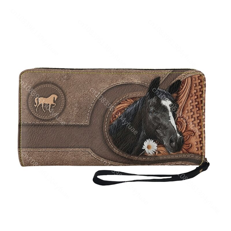Monedero de marca de lujo para mujer, billetera larga con estampado 3D de caballo Animal, tarjetero de cuero, bolso de mano con nombre personalizado
