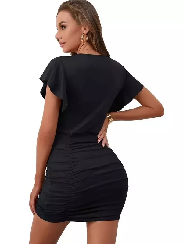 2024 Summer Fashion Waist Fold Wrapped Hip Skirt Knitted Solid Color Round Neck Short Sleeve Sexy Dress  Women Clothing YSQ17