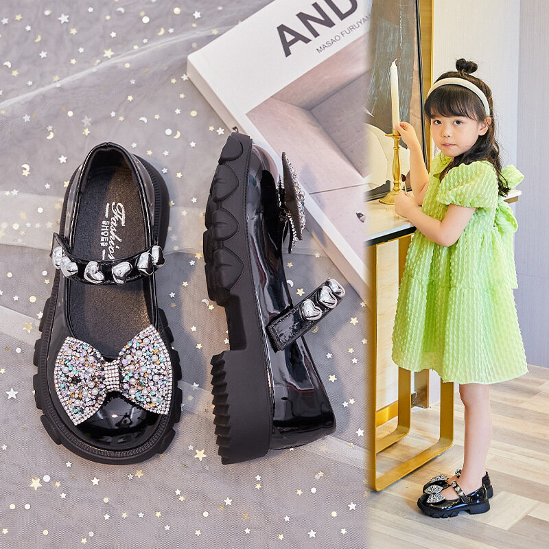 Sapato de princesa de couro infantil, confortável sapatilhas casual com laço, moda feminina, performance de festa, novo, primavera, 2022
