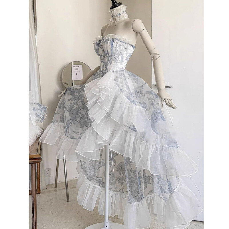 2024 New Elegant Light Blue Fragmented Flower Waist Wrapped Strapless Women's A-line Dress Birthday Party Dinner Adult Dress