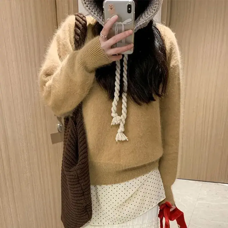 Autumn Winter Loose Coat Soft Simple Solid Color Sweaters 2024 New Korean Vesion Retro Tops Round Neck Pullover Blouse Women's
