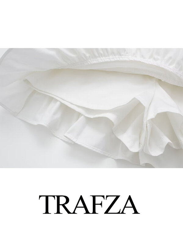 TRAFZA Female 2024 Chic Vintage White High Waist Ruffle Skirt Women Fashion Summer Zipper Folds Slim Sweet Mini Skirts Y2K