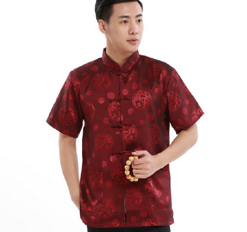 Heißer Verkauf chinesische klassische Männer hohe Qualität Satin Tang Kleidung bestickt Drachen Kurzarm Shirt Kung Fu Tops Shirts S-3XL