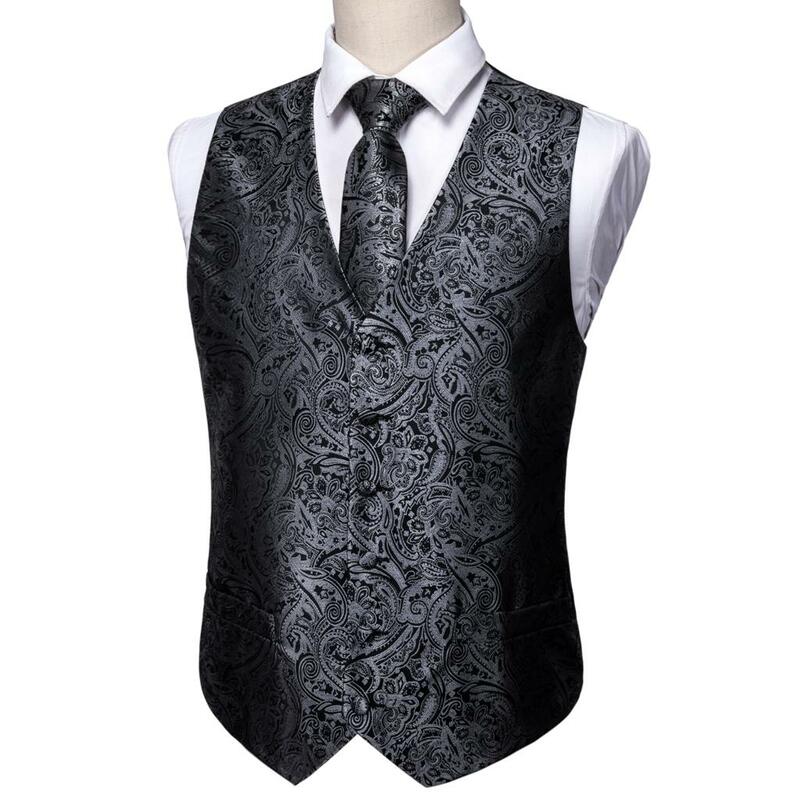 Glainjong-Robe à fleurs Pasley argentée pour hommes, gilet imbibé, ensemble de nœuds papillon, veste en fibre, formel, noir