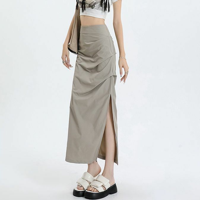 2024 Summer Versatile Folded Split Workwear Little Spicy Girl INS Design Sense Slim Fit and Slim Wrap Hip Skirt