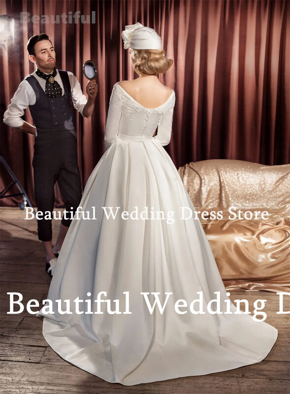 2024 Women Wedding Dress Long Sleeve Lace Appliques A-Line Satin Floor-Length Bridal Gown Wedding Party Dress Vestidos de novia