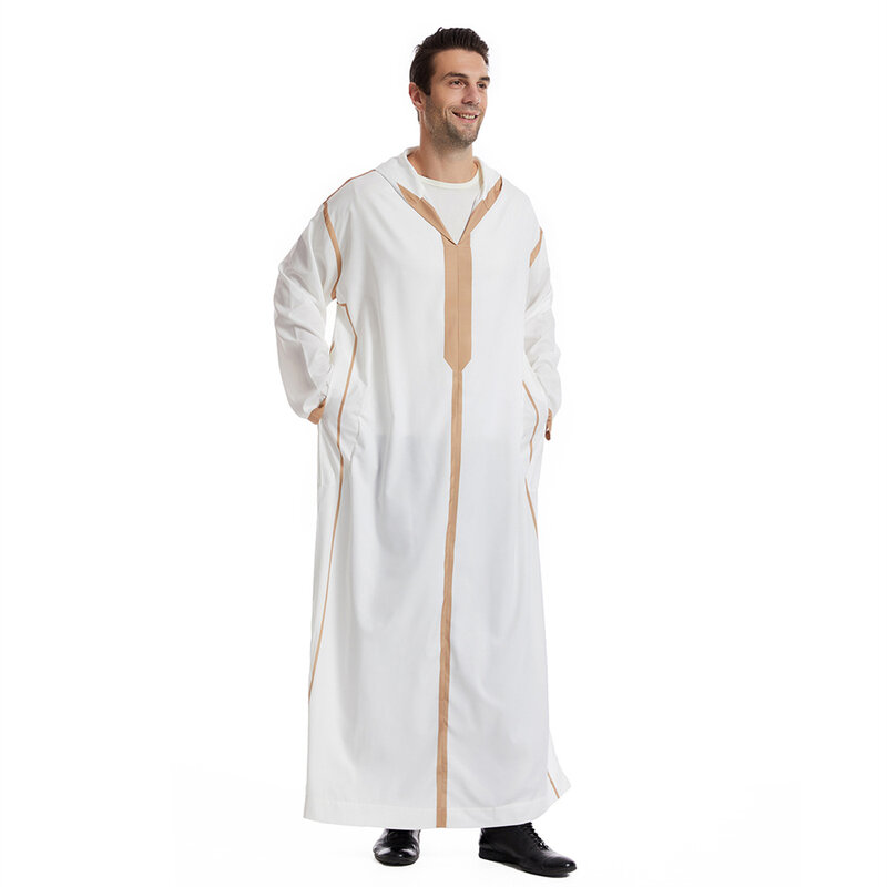 イスラム教徒の男性のためのラマダン長袖フード付きドレス、調節可能なバソブ、イスラムの服、Mustar diarabicバスローブ、中高モロッコのタン、abaya thoub
