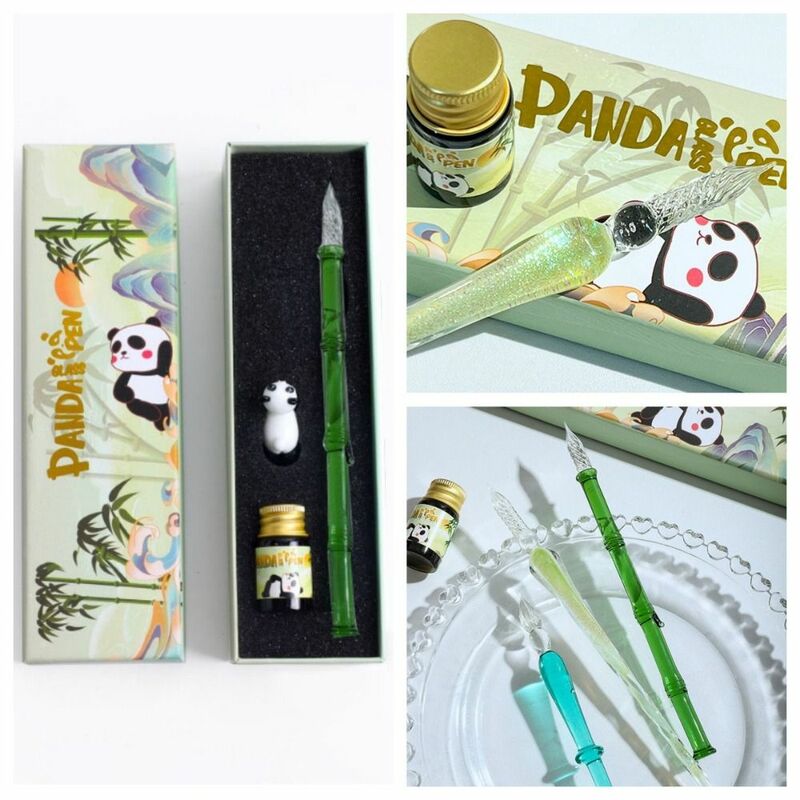 シックなパンダシリーズのライティングペン、キラキラ付きガラス万年筆、透明な装飾