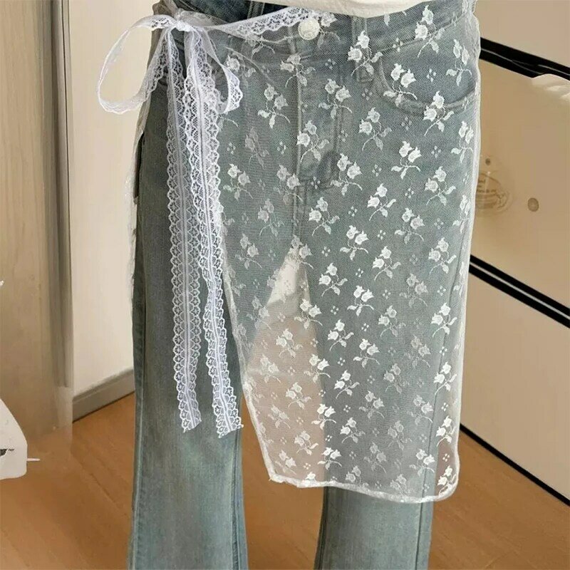 Ins rok terbuka renda Korea musim semi musim panas rok kain kasa berlapis renda dengan ikat celemek gadis pedas rok wanita Y2k anak perempuan