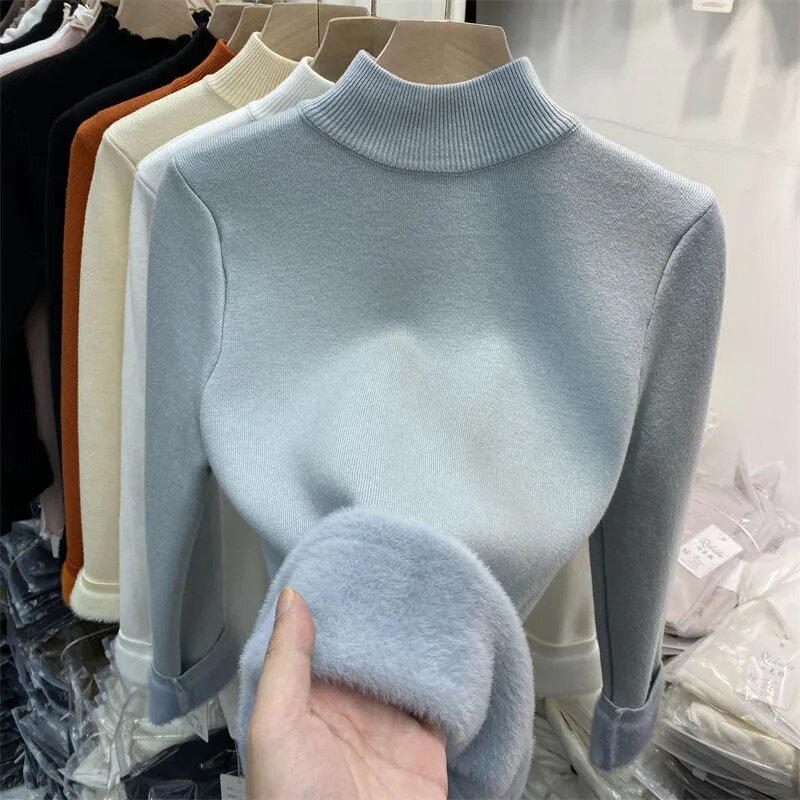 เสื้อถักคอเต่าหนาแบบเกาหลี2024ผู้หญิง, เสื้อกันหนาวกำมะหยี่ขนแกะลำลองอบอุ่นซับในฤดูหนาว