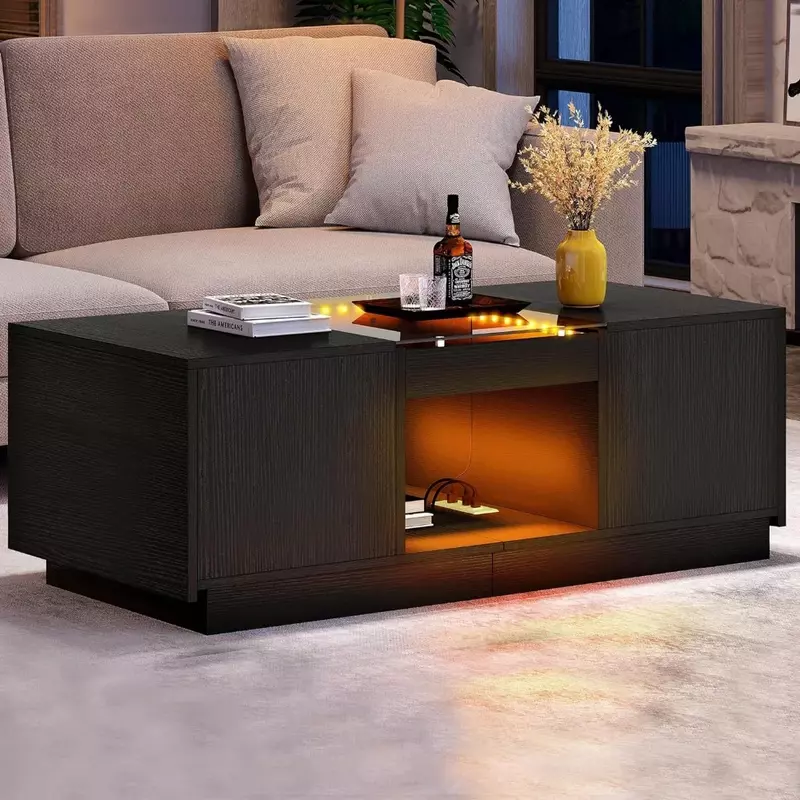 Meja kopi dengan penyimpanan lampu LED, 2 tingkat dan 2 Laci, Meja besar dengan port USB dan tipe-c, meja kopi