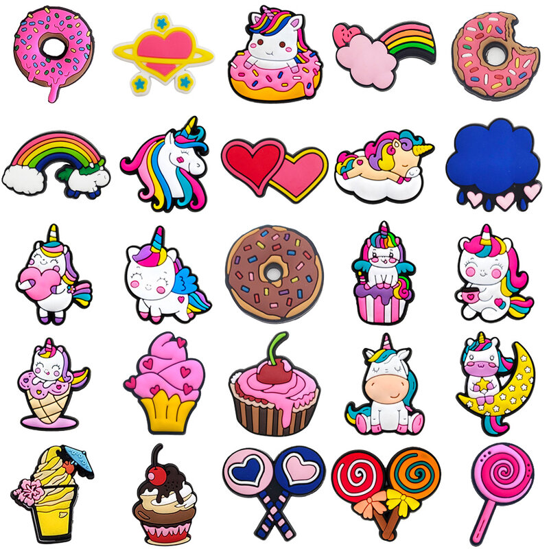 Unicorn Doughnut Cake rainbow candy Shoe Charms for Clogs Sandals Decoration Shoe Buckle for Friends party Gifts