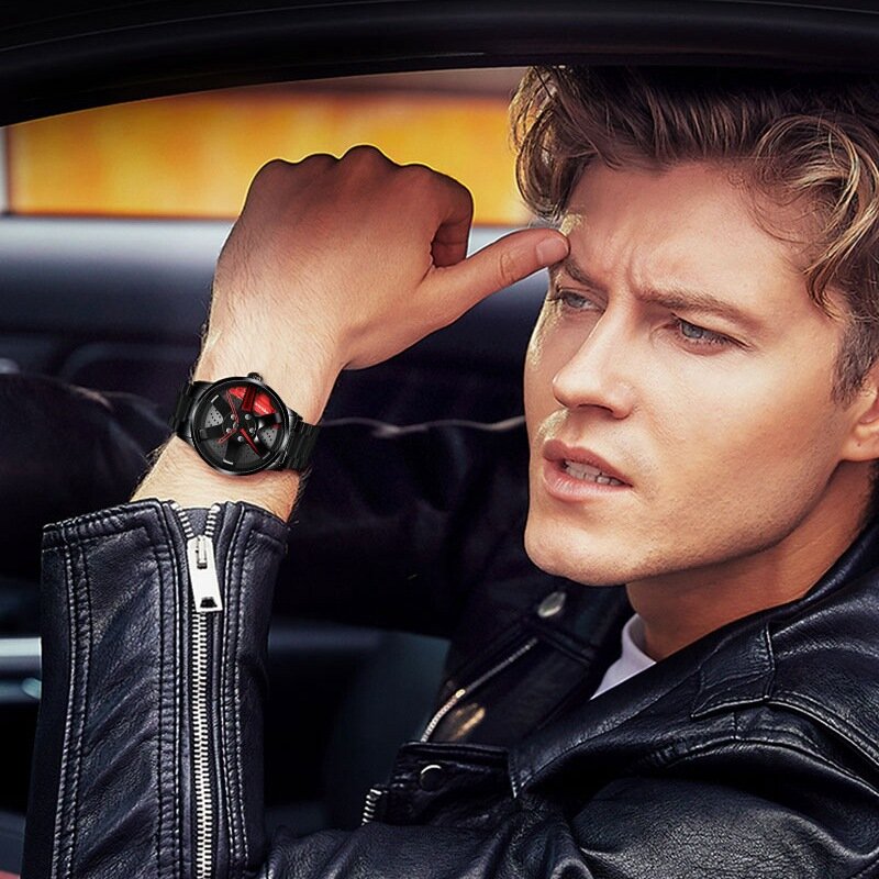 Fashion jam tangan roda pria, arloji Strip baja hitam tahan air gaya roda Quartz 2024