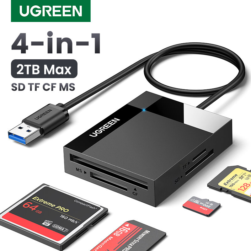 UGREEN-4-in-1 Leitor de Cartão Inteligente, USB 3.0, USB-C, SD, Micro SD, TF, CF, MS, Compact Flash Card Adapter para Laptop, PC, Multi OTG