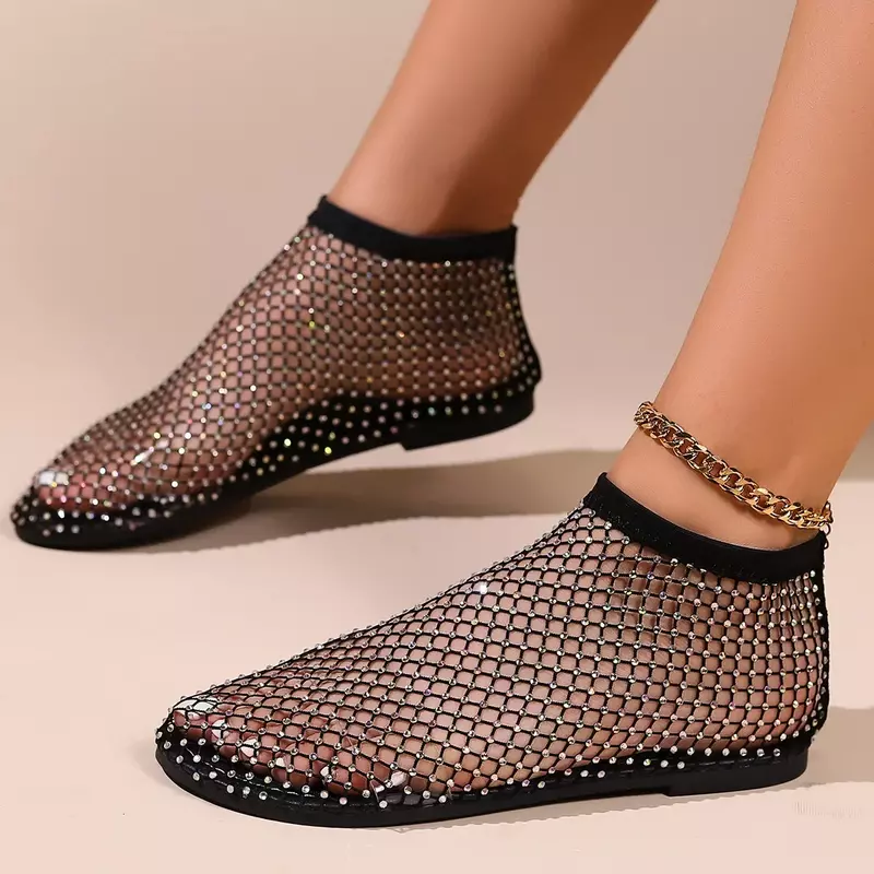 Sandali con fondo piatto a punta tonda da donna estate Slip-On Hollow Mesh Short Boots Fashion Water Diamond pantofole da banchetto Sexy 35-42