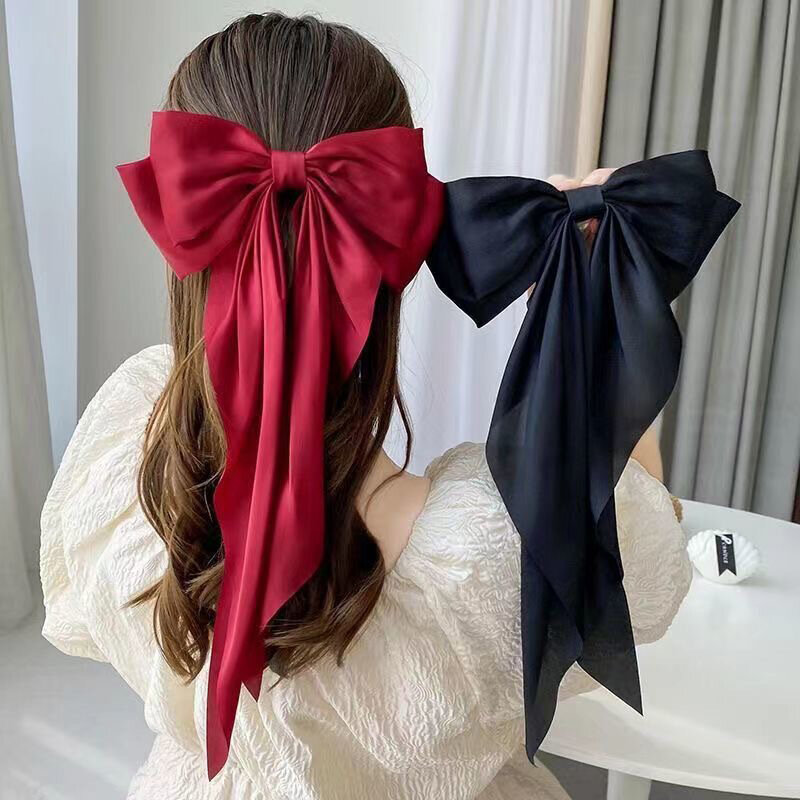 Elegante fermaglio per capelli con fiocco grande Streamer rosso per le donne moda semplice solido raso coda di cavallo fiocco tornante accessori per capelli per ragazze