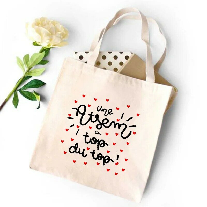 Super Atsem Eco Shopping Bag Merci Atsem French Print Harajuku Fashion Women School Bags Gifts Canvas Personalized Shoulder Bags