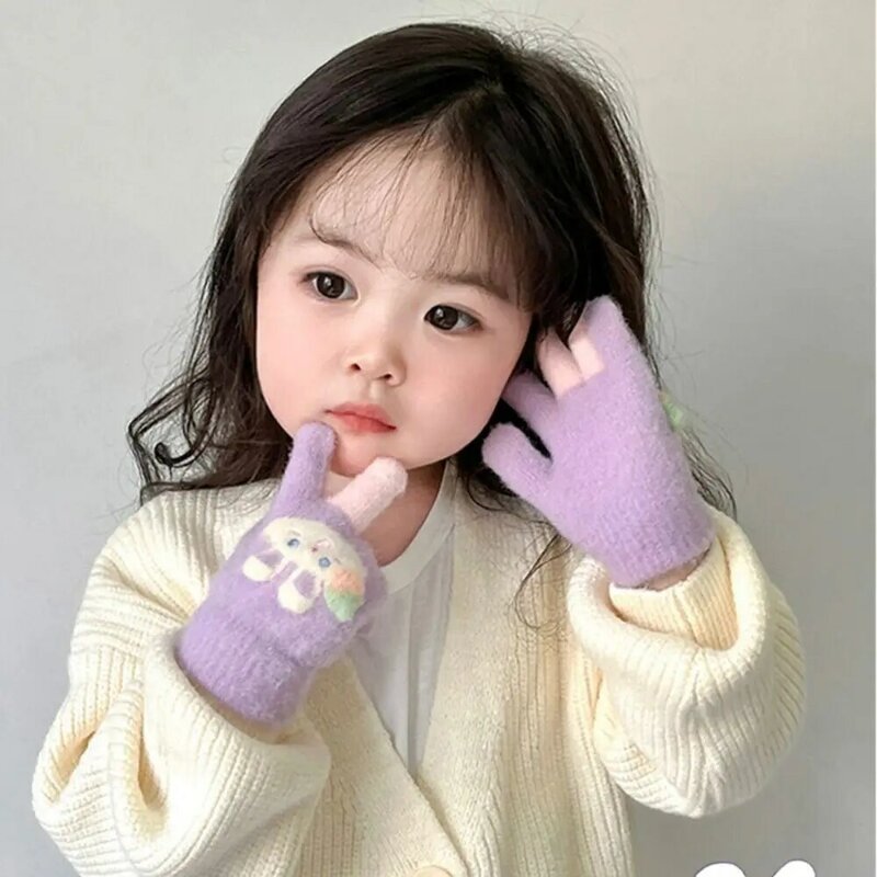 Cute Cartoon Knitted Gloves para crianças, Plush, Espessado, Windproof, Quente, Esportes ao ar livre, Dedos cheios, Crianças, Inverno