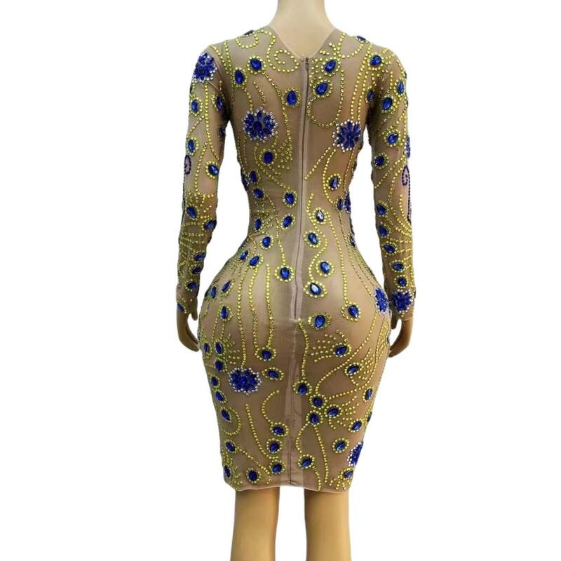 Jinhua-Vestido corto transparente de manga larga para mujer, vestido de noche de cristal azul brillante, malla elástica para celebración de cumpleaños, ropa de fotografía