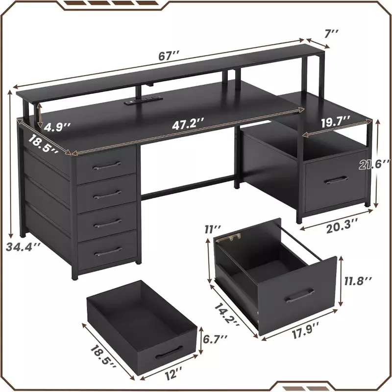 Computer Desk with 5 Drawers, Power Socket and LED Light, 66 Inch Home Office Desk with File Drawer, Game Desk, Black