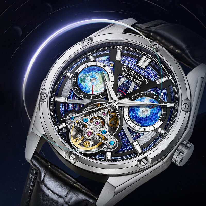 GUANQIN 남성용 뚜르비옹 자동 시계, 별이 빛나는 하늘 다이얼, 지도 디자인, 기계식 손목시계, 2024 신제품