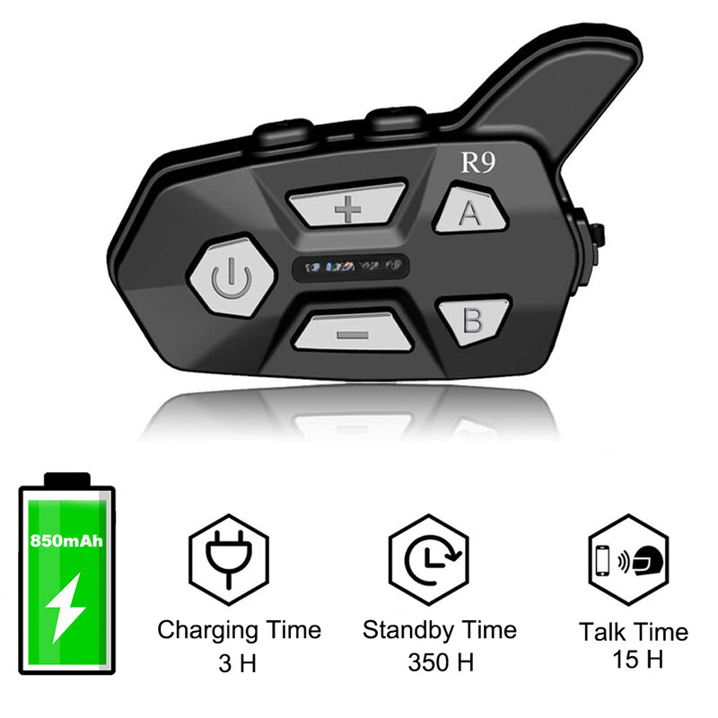 Oreillette Bluetooth pour moto, appareil de communication pour casque, 1500m, utilisé en extérieur pour les sports, R9/Full Frost/étanche/appel/GPS