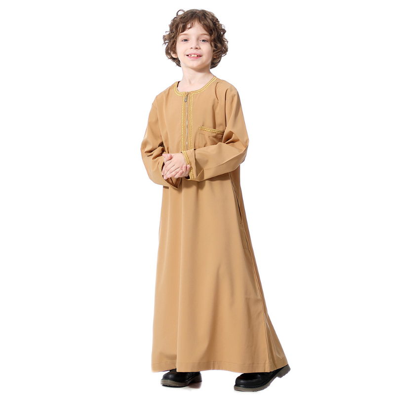 Muslim Boys Robe Round Collar Embroidered Long Sleeves Dress Gown Saudi Arabia Abaya Kaftan Jubba Thobe Islamic Clothes