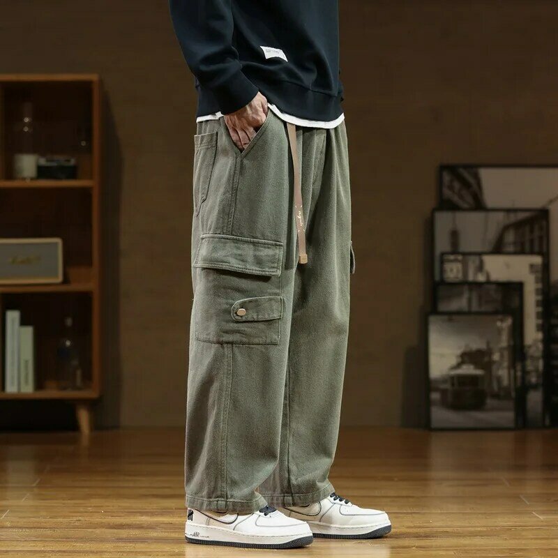 2023 jesienne nowe spodnie Cargo męskie z wieloma kieszeniami bawełniana odzież robocza Casual szerokie spodnie luźne proste spodnie duży rozmiar 7Xl 8Xl