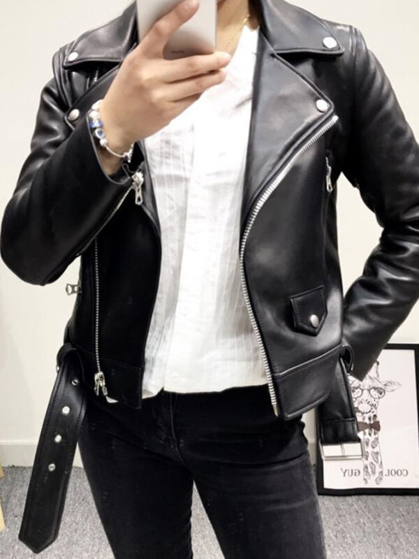 Ailegogo novas mulheres primavera outono preto jaquetas de couro falso zipper casaco básico turn-down colarinho motor jaqueta de motoqueiro com cinto