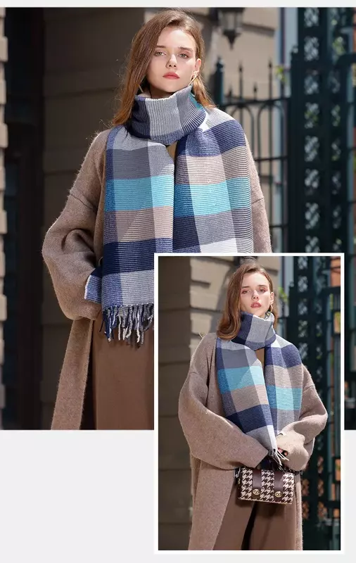Lenço xadrez de caxemira quente feminino, bandana longa, foulard de pashmina, lenços femininos, xale de borla, design de inverno, 2023