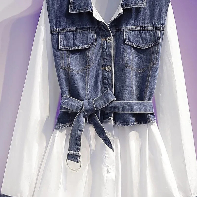 Chemise en jean épissé avec ceinture pour femme, design de mode, veste rétro américaine, haut pour femme, printemps, été, automne, nouveau, 2024