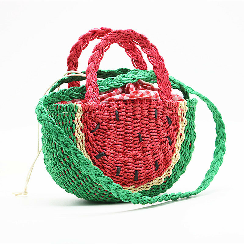 Słodkie arbuz kształt słomy torba moda z wikliny Rattan ręcznie tkane pół-okrągła torebka, w którym znajduje się lato plaża torba podróżna na ramię