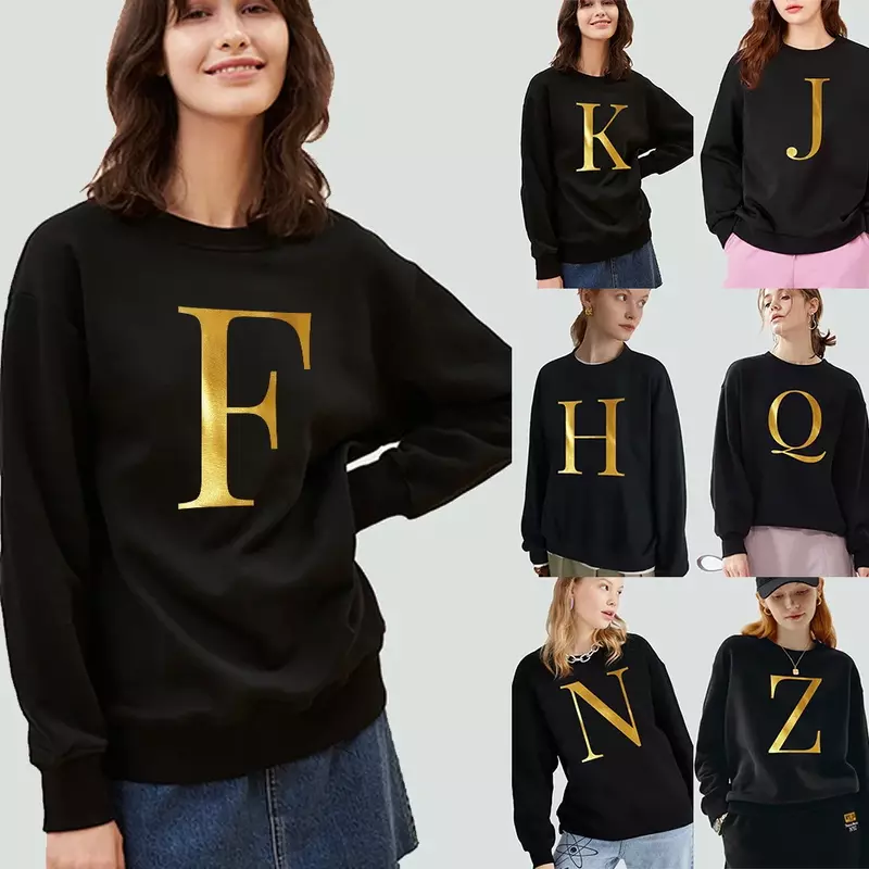 Women's Long-sleeved Sweatshirt Casual Pullover Initial Name Printing Gold Pattern O-neck Black Warm Commuter Soft Hoodies