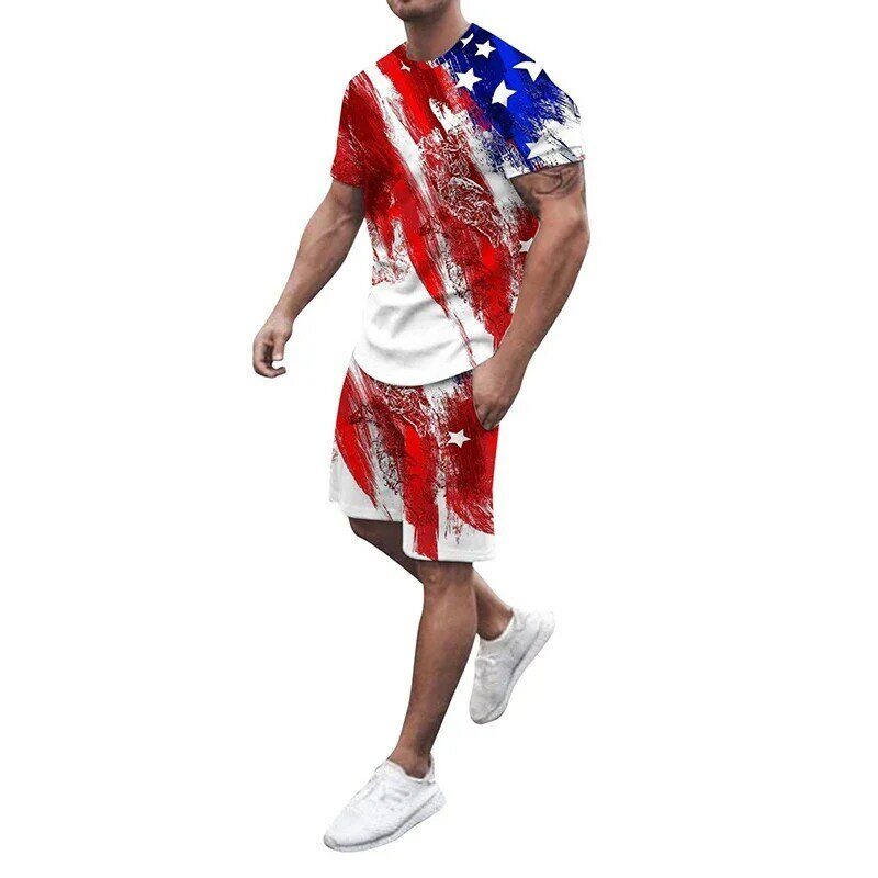 남성용 미국 국기 3D 프린트 운동복 티셔츠 반바지 세트, 2 피스 스트리트웨어, 오버사이즈 슈트 운동복