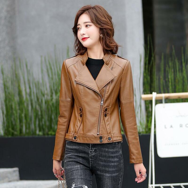 New Women Leather Jacket Spring 2023 Cool Fashion Moto&Biker Style Outerwear Stand Collar Short Leather PU Coat