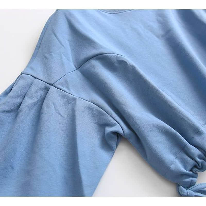 Solid Color Short Pullovers Women Fashion Drawstring Pleated O-Neck Tops Loose Raglan Sleeves All-match Sweatshirt Woman Autumn
